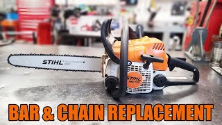 STIHL MS170 Chainsaw Bar amp Chain Replacement  Step By Step HowTo Video [upl. by Ludba]