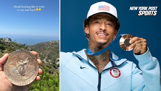 Olympics skater Nyjah Huston shows off his bronze medal but not for the right reason [upl. by Goat]