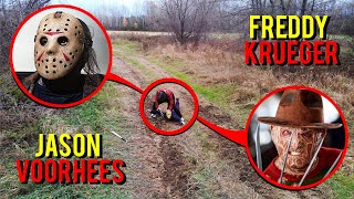 DRONE CATCHES JASON VOORHEES AND FREDDY KRUEGER AT HAUNTED BARN SCARY [upl. by Inkster737]