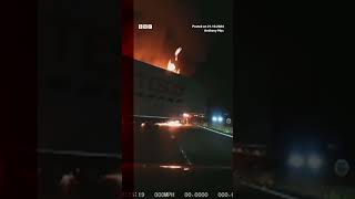 Tesco lorry crashes and bursts into flames Motorway BBCNews [upl. by Terris]