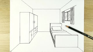 How to Draw a Bedroom in 1Point Perspective  perspective drawing  drawing room  Arts Academy HD [upl. by Adolfo]