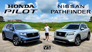 FAMILY 3ROW FIGHT  2025 Honda Pilot Elite vs Nissan Pathfinder Platinum Comparison [upl. by Llenahs377]