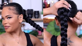 SUPER SLEEK LONG BRAIDED PONYTAIL ON NATURAL HAIR  Protective Style  Arnellarmon [upl. by Amil]