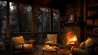 Soft Jazz in Cozy Cabin Balcony Ambience on Rainy Day 🌧️ Rain amp Fireplace Sounds to Chill Out [upl. by Reiners]