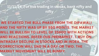 111124 NIFTY BANK NIFTY PREDICTIONS PROPEN BE BULLISH ON DECLINE REMAIN INVESTED STRATEGY [upl. by Anallij232]