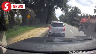 Lorry swerves to avoid car crashes into roadside stall [upl. by Elsbeth839]