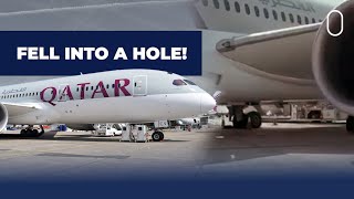 Qatar Airways Boeing 787 Falls Into Drain Hole Engine Damaged [upl. by Kindig]