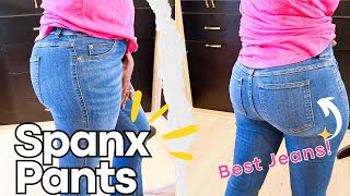 Trying on Spanx Jeans amp Perfect Pants on Postpartum body Spanx Review [upl. by Lawrence536]