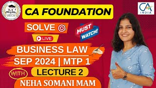 CA FOUNDATION  MTP SOLVING  BUSINESS LAWS  MTP 1 SEP  LEC 2  NEHA SOMANI MAM [upl. by Neils]