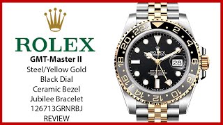 ▶ Rolex GMTMaster II Yellow GoldSteel Black Dial Jubilee Bracelet 126713GRNR  REVIEW [upl. by Nedaj]