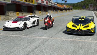 Suzuki Hayabusa 2022 vs Koenigsegg Jesko 2020 vs Bugatti Bolide 2020 at Old SPA [upl. by Streeter863]