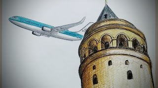 Galata TowerampKLM Airways plane drawing timelapse [upl. by Sirovaj584]