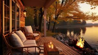 Cozy Autumn 4K 🍁  Lakeside Porch Forest fire Sound With Gentle Water Sound Relax Easy to Sleep [upl. by Giza]