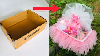 DIY HAMPER From CARDBOARD BOX  Cardboard Reuse Ideas  Cute Hamper [upl. by Bonney]