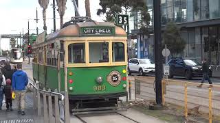 WClass Melbourne Tram City Circle  Departing from Docklands Waterfront Car 983 [upl. by Bowne]