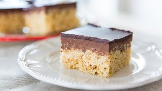 CHOCOLATE PEANUT BUTTER RICE KRISPIES SQUARES  No Bake Recipe [upl. by Elorak]