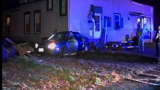 5am Car rips porch off house after chase [upl. by Dryfoos]