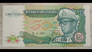 ZAIRE  50  ZAIRES  1988  BANKNOTES  COLLECTING  FIAT CURRENCY  PAPER MONEY  NOTE  LEOPARD [upl. by Tham6]