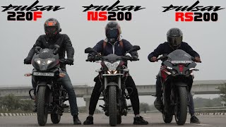 Bajaj Pulsar RS200 vs Pulsar 220F vs Pulsar NS200 Drag Race [upl. by Anemix]