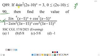 If 4sin22x10°  3 0 ≤ 2x10 ≤ 90 find sin4𝑥−5°  𝑐𝑜𝑠4𝑥−5°1−2𝑠𝑖𝑛²3𝑥−15° 𝑐𝑜𝑠²3𝑥−15° [upl. by Yehc713]