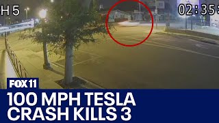 Tesla blows through red light at 100 mph crash kills 3 [upl. by Komarek]