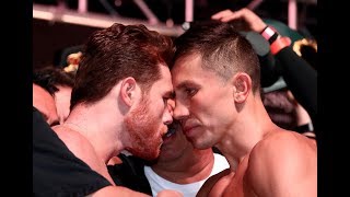 Canelo plants his head on Golovkin during intense faceoff at official weighins  Canelo v GGG 2 [upl. by Yuma]