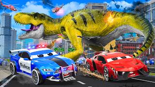 Dinosaur Attack on Cars Giant TRex Destroys City  Monster Trucks Police Cars Rescue Compilation [upl. by Ednyl]