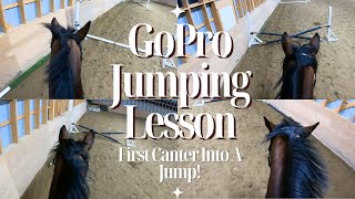 FIRST CANTER INTO A JUMP  GoPro Horse Riding Lesson [upl. by Ydniahs244]