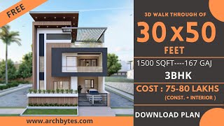 30x50 House Design 3D  1500 Sqft  167 Gaj  3 BHK  Modern Design  Terrace Garden  9x15 Meters [upl. by Ecydnac13]