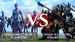 WARHAMMER III Total War  Daemonettes of Slaanesh VS Chaos Warriors Halberds [upl. by Ginny573]