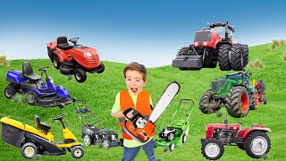 Lawn mowing Tractors for Kids Video  weed whacker leaf blower and blippi toys  min min playtime [upl. by Aruasi]