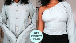 DIY One Shoulder Wrap Top  Mens Shirt Refashion [upl. by Esadnac]