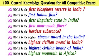 100 General Knowledge Questions for All Competitive Exams  India Gk  India Gk In English [upl. by Vitus173]