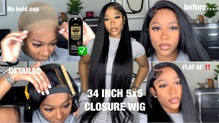 DETAILED FLAT SIDE PART 5x5 CLOSURE WIG INSTALL  34 INCH HAIR  No glue needed  Nadula Hair [upl. by Jacobo]