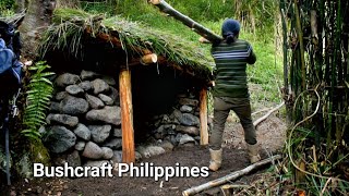 Building Stone Riprap Primitive Survival Shelter Wood and grassroof Pinoy Bushcraft [upl. by Nangem]