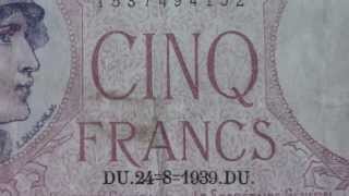 5 Cinq Francs  Old money bamnknote of the Banque de France from 1939 [upl. by Crespi]