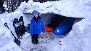 Survival Shelter Winter Camping in Blizzard  Deep Snow Camping in Alaska [upl. by Botti116]