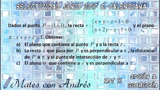 SELECTIVIDAD PAU EBAU EVAU MATEMÁTICAS II JUNIO 2017 COMUNIDAD VALENCIANA – GEOMETRÍA 01 [upl. by Anirec]