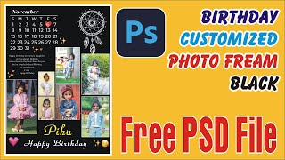 Birthday Customized Photo Frame in Photoshop  Black Free PSD  Birthday Frame Photo Editing [upl. by Arathorn]