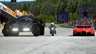 Kawasaki Ninja H2 vs Batmobile vs Bugatti La Voiture Noire at Old SPA [upl. by Eirrot]