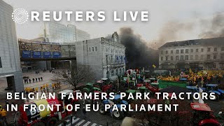 LIVE Protesting Belgian farmers park tractors in front of EU Parliament [upl. by Telrats]