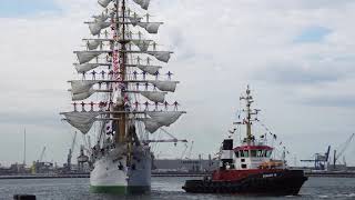 Colombian Sailing Ship ARC GLORIA entering Hohe Dühne Naval Yard in Warnemünde at Hanse Sail 2019 [upl. by Elma556]