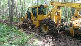 Tigercat 602 Grapple Skidder Dual Arch Push Over a Stump [upl. by Nolan94]