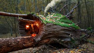 Building a Warm and Cozy Hollow for Survival in the root of a fallen spruce Secret cave Bushcraft [upl. by Ayalat]