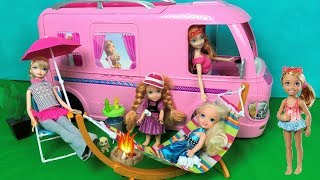 Anna and Elsa Toddlers Camping  Pool Party Barbie Glam Camper Van Morning Routine Chelsea Toys Doll [upl. by Theodore]