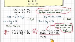 Solving simultaneous equations by rearranging before elimination [upl. by Janessa]