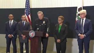 LAPD Chief Michel Moore Mayor Karen Bass DA George Gascón announce murders targeting homeless [upl. by Eanerb]