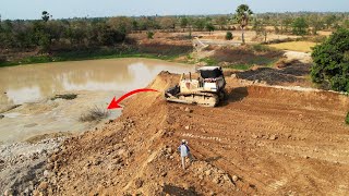 New Impression Operation Land Fill On Half Lake By New Brand LiuGong Dozer Pushing Soil Moving Down [upl. by Novyad]