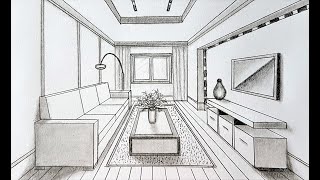 How to draw a living room in one point perspective [upl. by Llerot835]