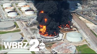 Incredible aerial video shows towering fire at Marathon refinery in Louisiana no sound [upl. by Gredel]